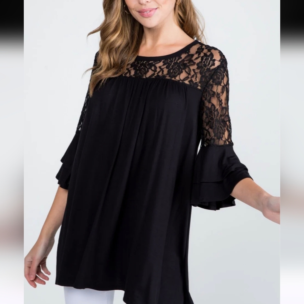 Paisley Vine Black Bell Sleeve Lace Yoke Top Medium NWT